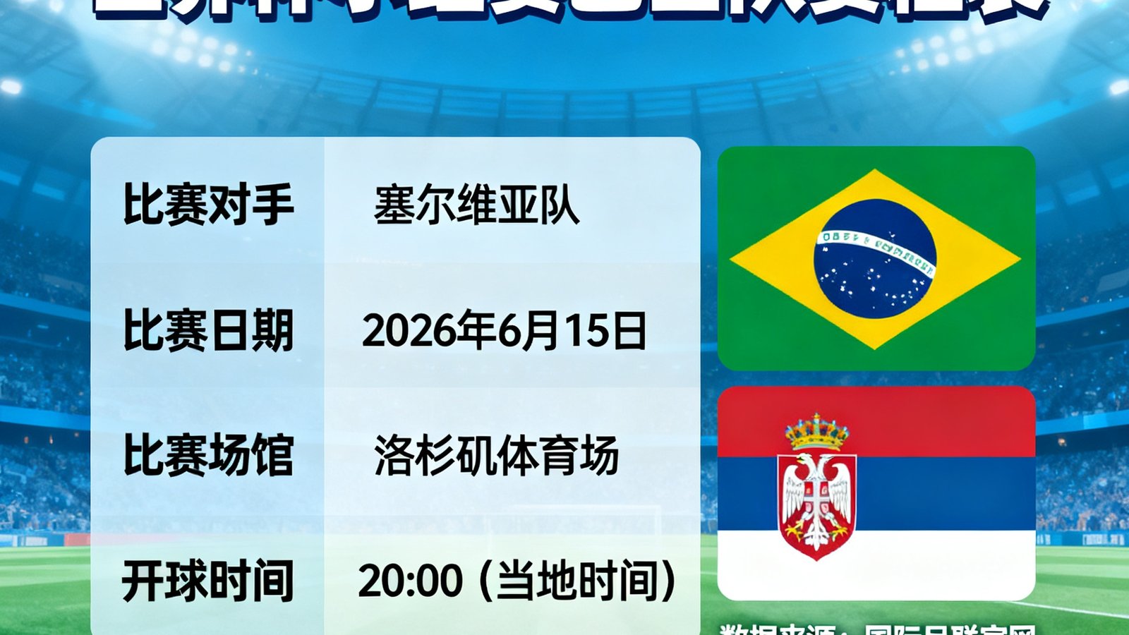 世界杯小组赛赛程时间表，巴西队与塞尔维亚队比赛日期、场馆和开球时间详细列出
